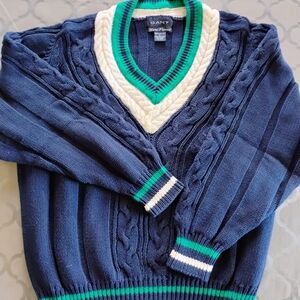 GANT Y2K Men's Large Blue V-Neck Sweater with Green and White Trim